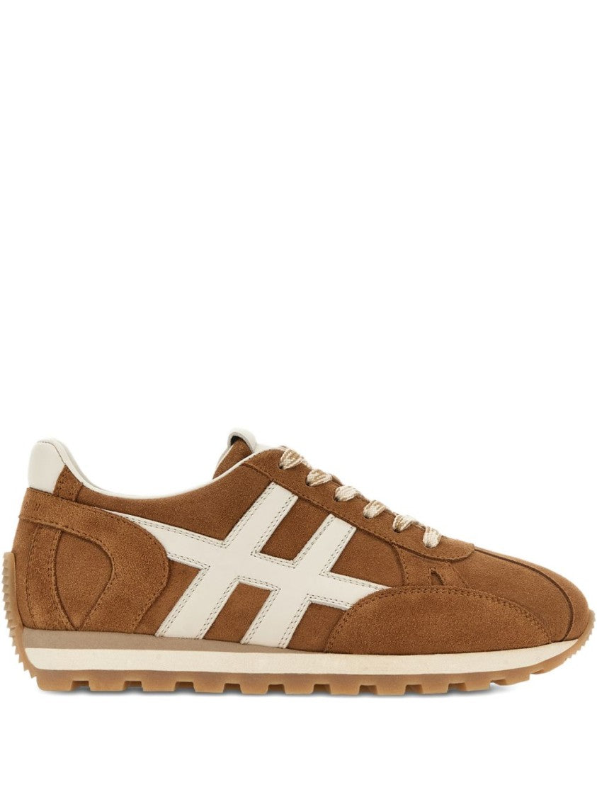 Hogan Brown Suede Flats With White Leather Accents And Rubber Sole