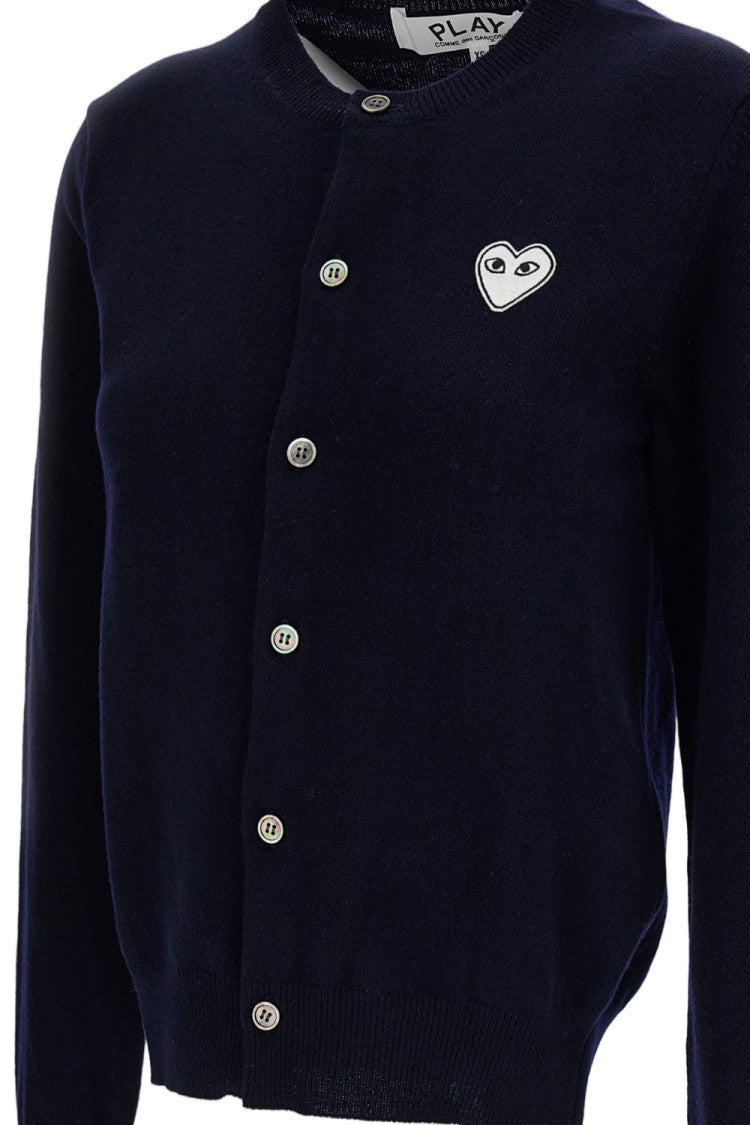 Comme Des Garçons Blue White Emblem Wool Crewneck Cardigan