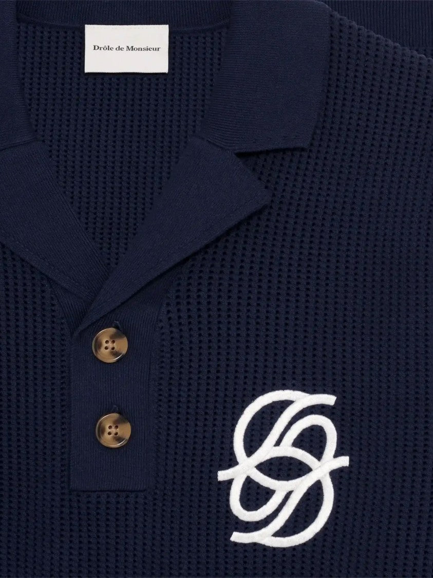 Drôle De Monsieur Textured Knit Polo Shirt With Monogram Logo