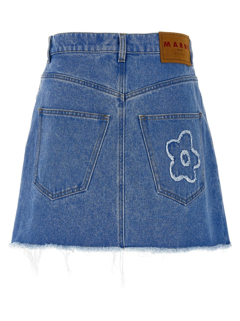 Marni Denim Mini Skirt With Floral Patch Detail And Frayed Hem