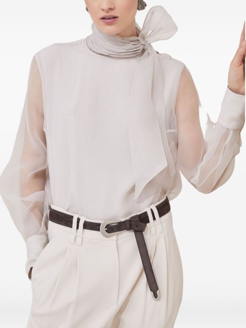 Brunello Cucinelli High Neck Beige Blouse With Pleated Detailing And Sheer Sleeves