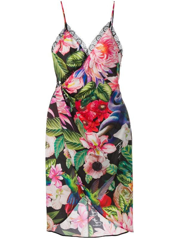 Philipp Plein Floral Print Mini Dress With Lace Trim And Spaghetti Straps