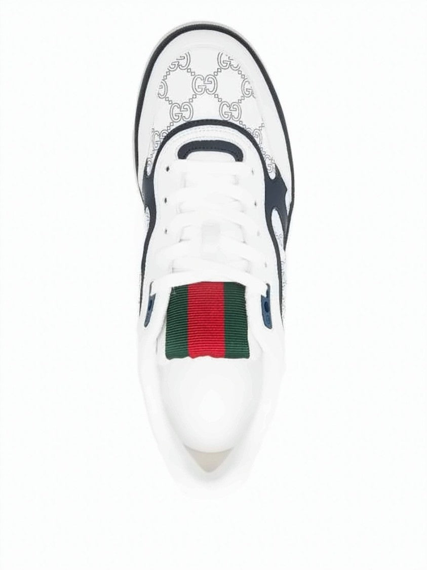 Gucci Low-Profile White Leather Sneakers With Navy Overlays And Monogram Side Panel