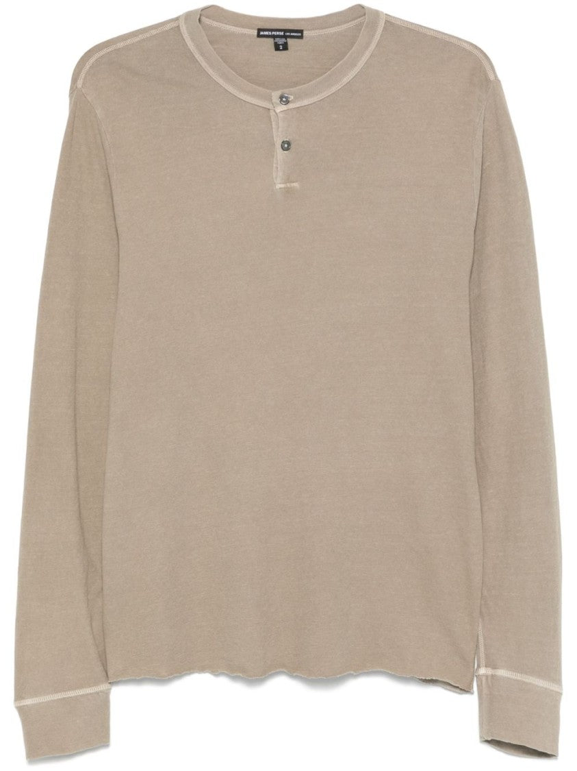 James Perse Long-Sleeved Henley T-Shirt In Soft Beige Cotton