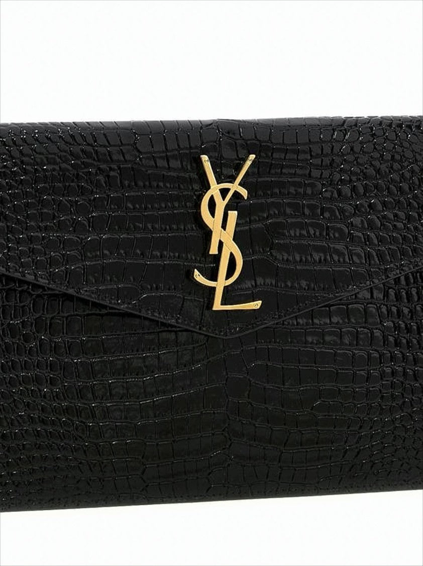 Saint Laurent Crocodile-Embossed Black Calf Leather Clutch