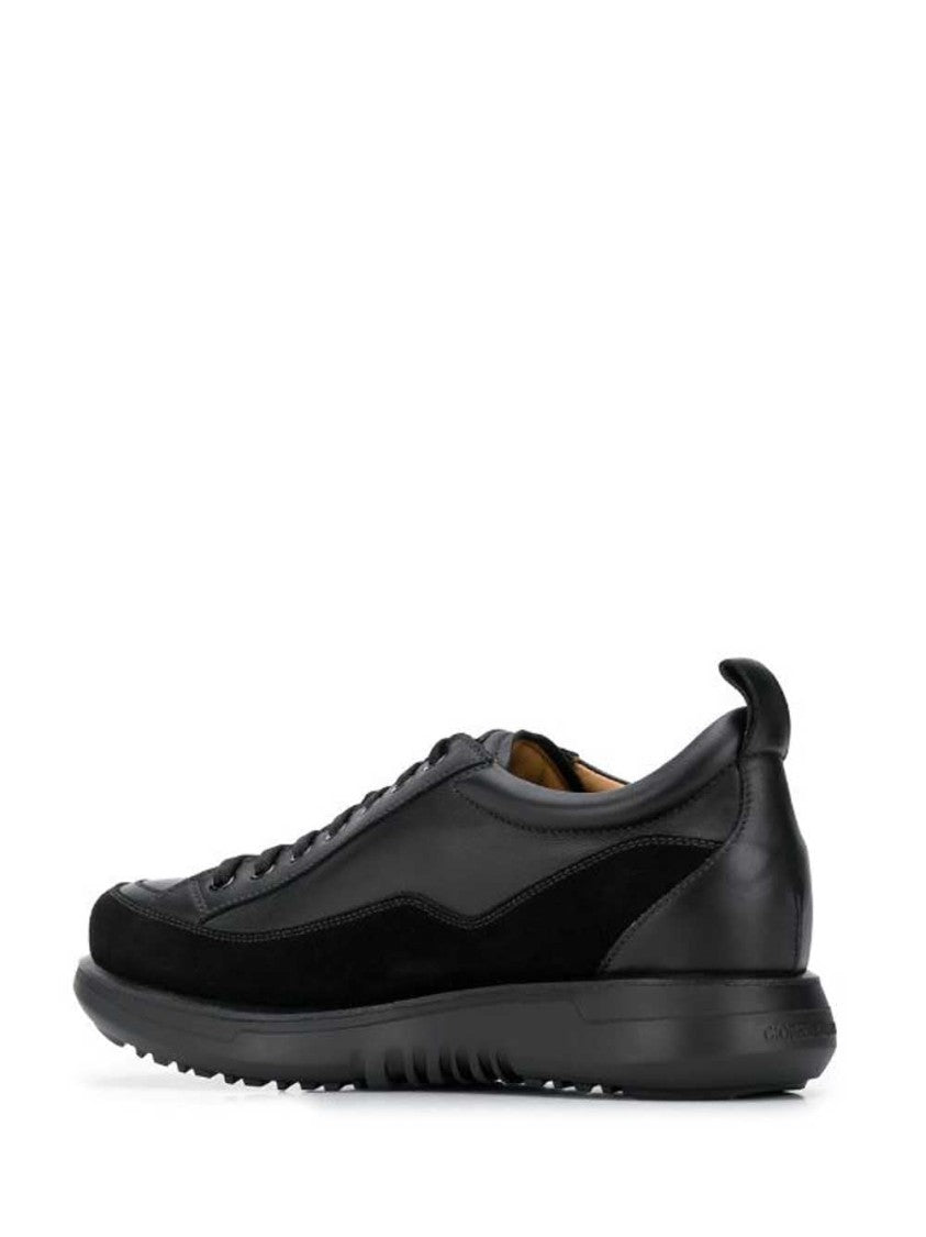 Giorgio Armani Monochromatic Black Leather Trainers With Suede Accents