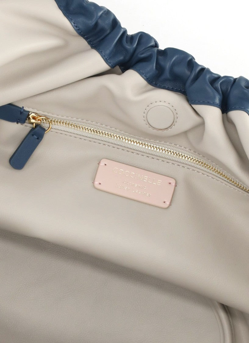Coccinelle Medium Shoulder Bag In Smooth Blue Leather With Gathered Design