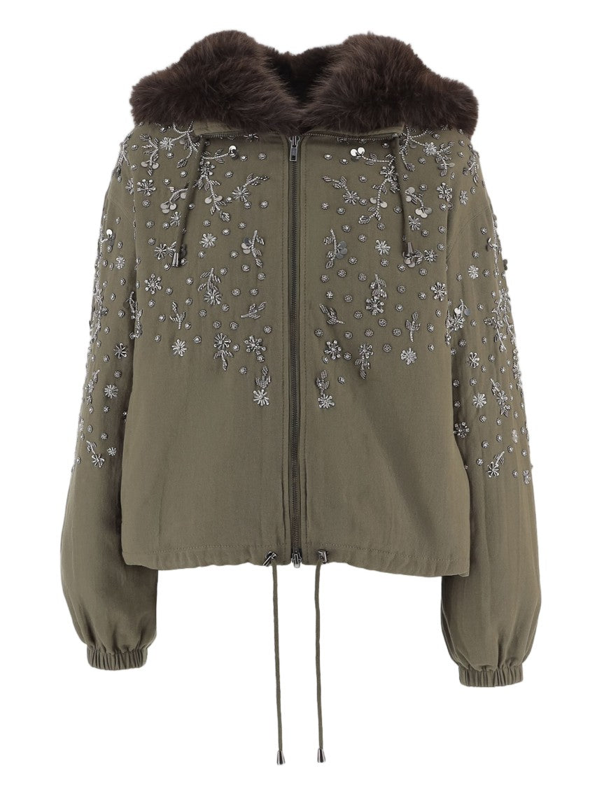 Novelle Green Floral Embroidered Hooded Cotton Jacket