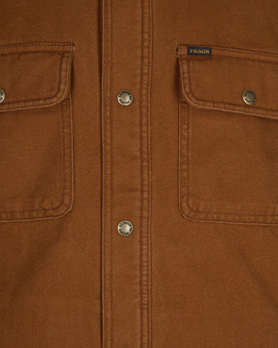 Filson Fleece-Lined Brown Canvas Shirt Jacket With Metal Snap Buttons