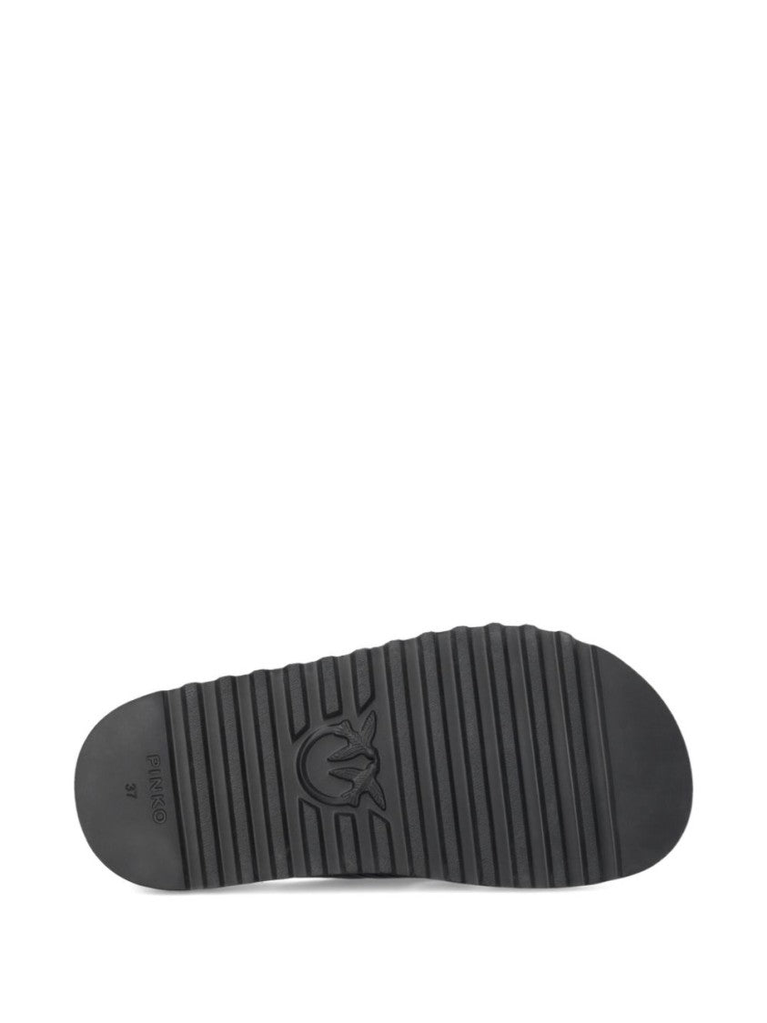 Pinko Woven Black Sandals With Gold-Tone Accents