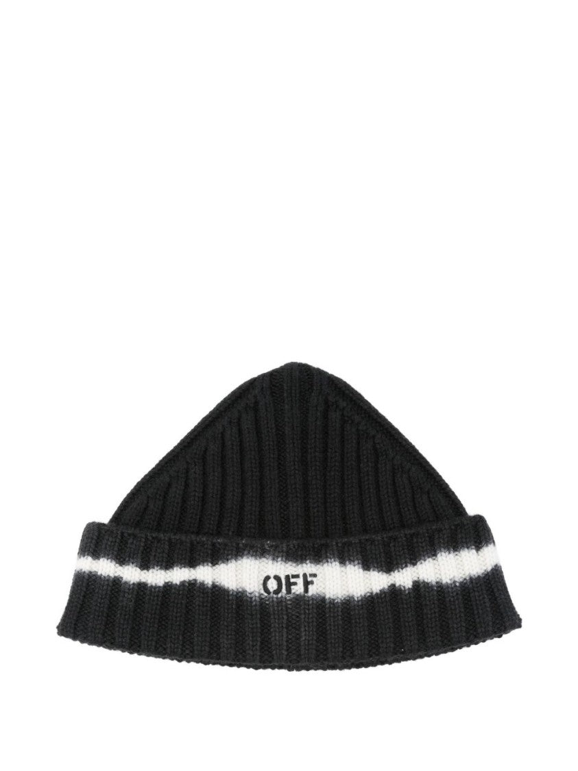 Off-White Ribbed Knit Hat With Ivory Stripe