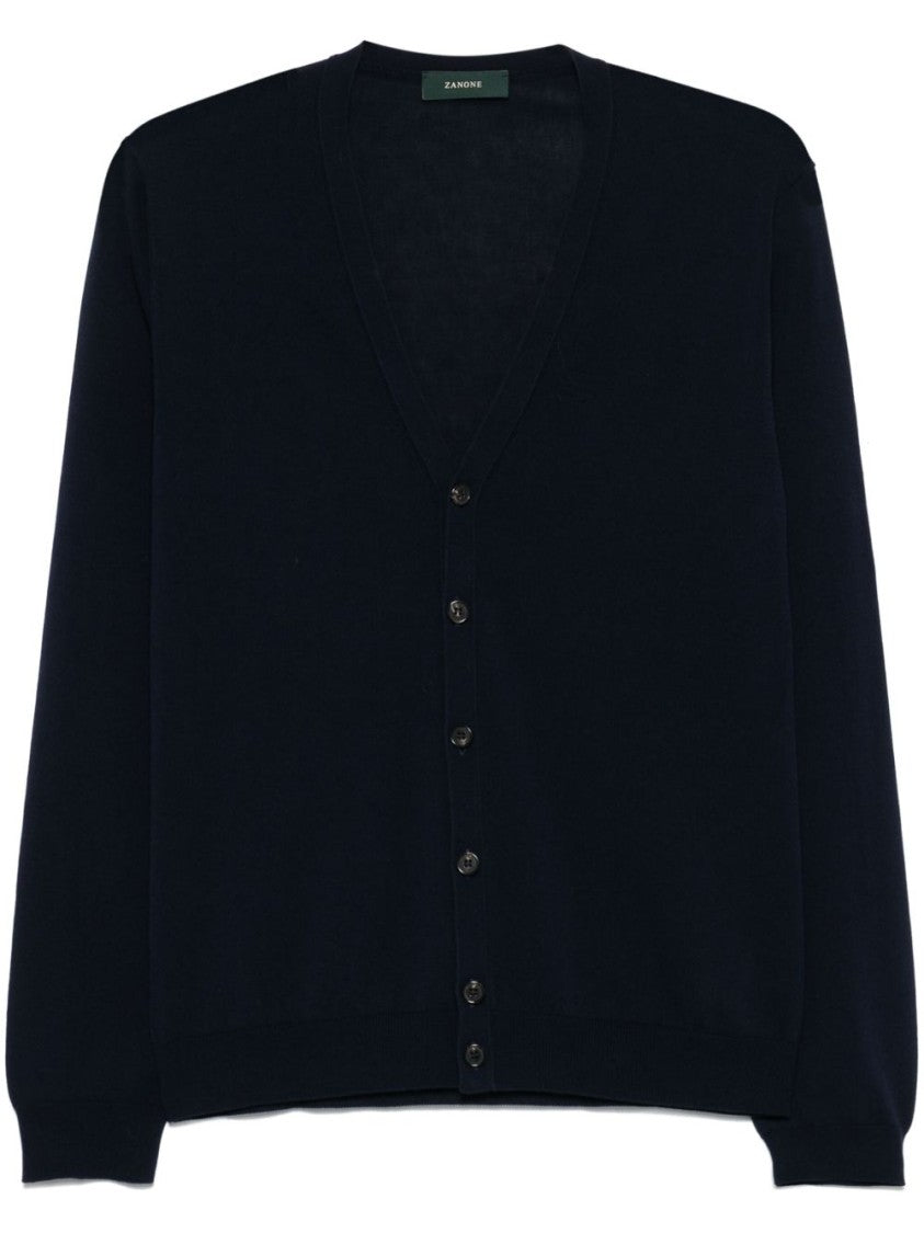 Zanone Classic V-Neck Blue Sweater With Button-Down Front