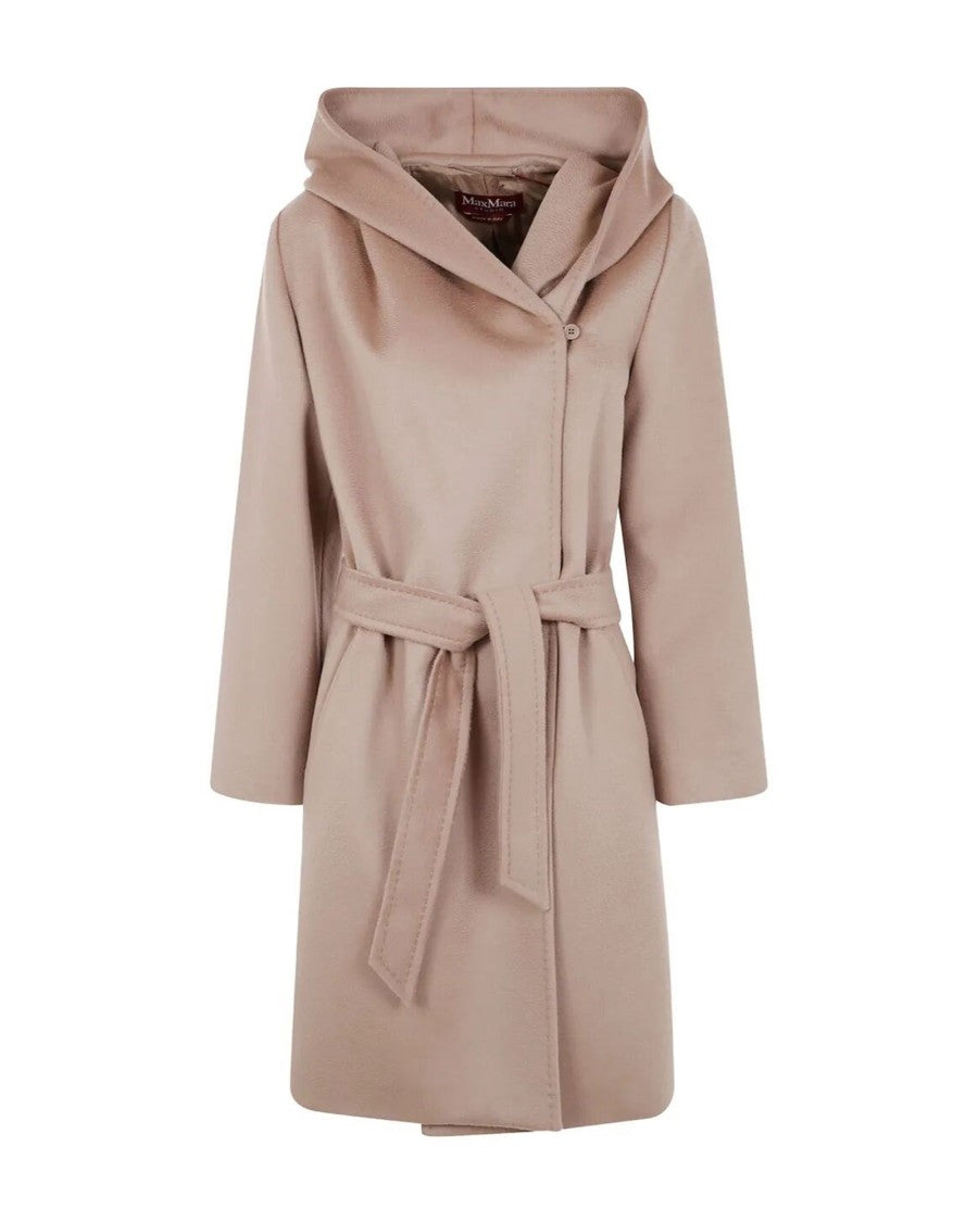 Max Mara Camel Newman Hooded Belted Virgin Wool Short Coat