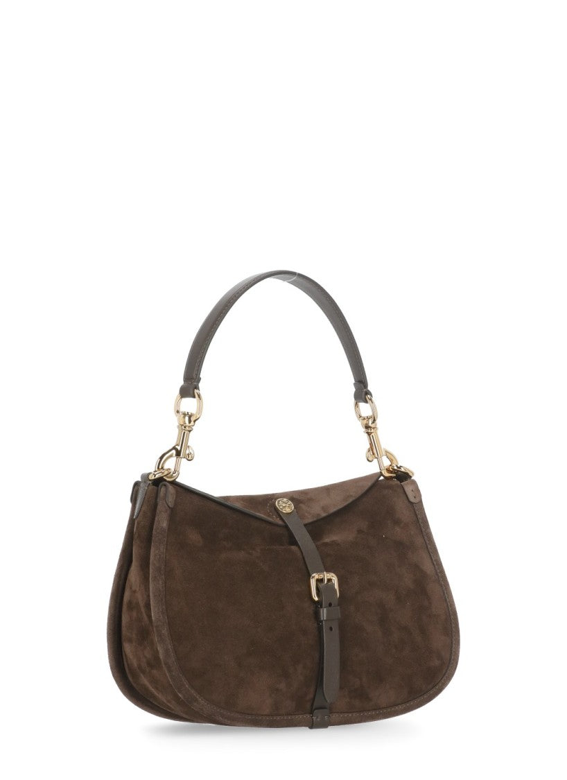 Etro Curved Suede Leather Shoulder Bag With Gold-Tone Accents