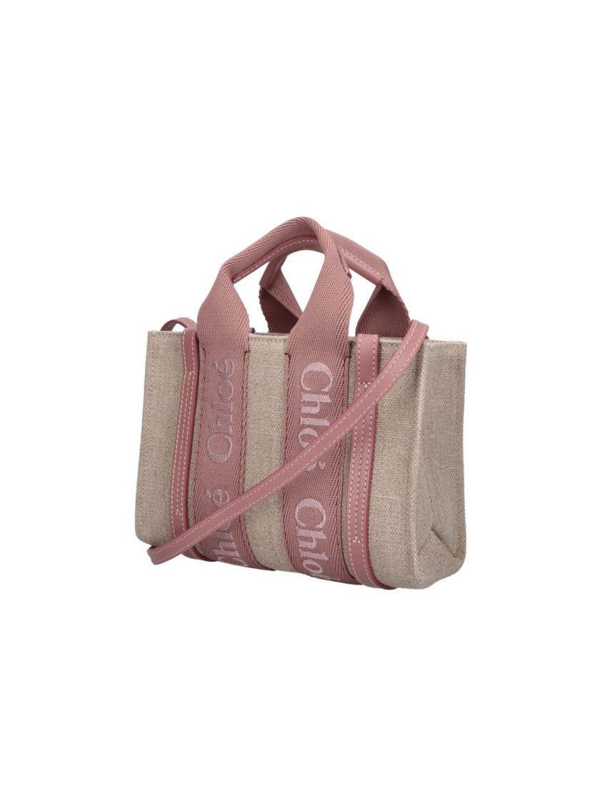 Chloé Textured Beige Structured Bag With Dusty Pink Straps