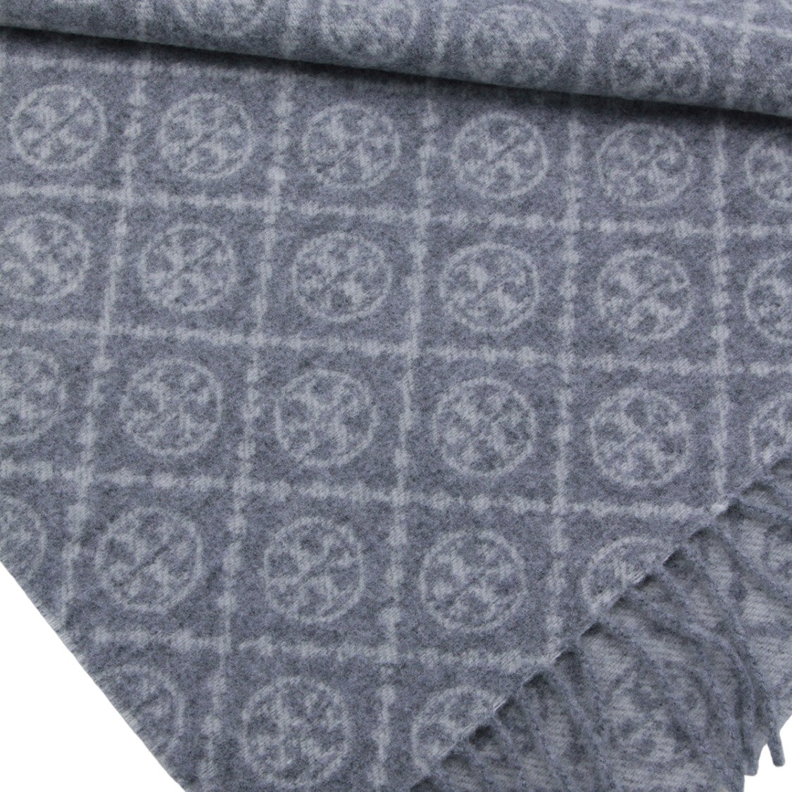 Tory Burch Geometric Patterned Grey Scarf With Fringed Edges