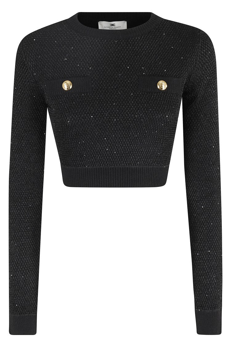 Elisabetta Franchi Textured Knit Cropped Sweater With Jewel-Button Pockets