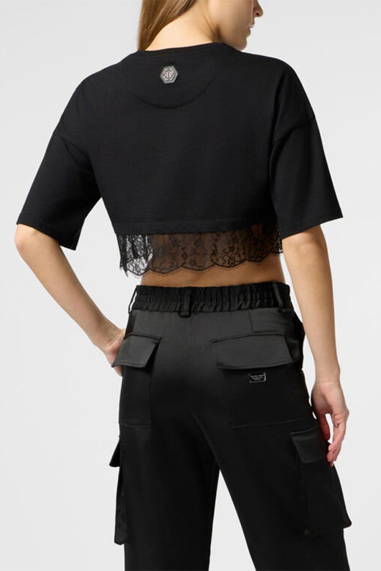 Philipp Plein Black Cotton Lace-Hem Cropped T-Shirt