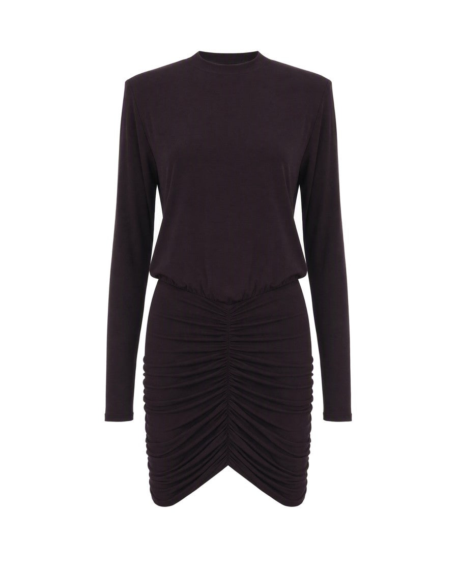 The Andamane Burgundy Structured Shoulder Ruched Viscose-Blend Mini Dress
