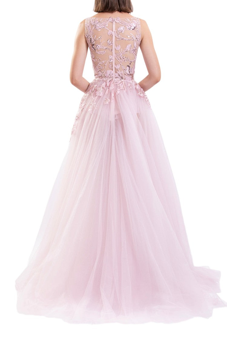 Saiid Kobeisy Dandelion-Embroidered Tulle Evening Dress