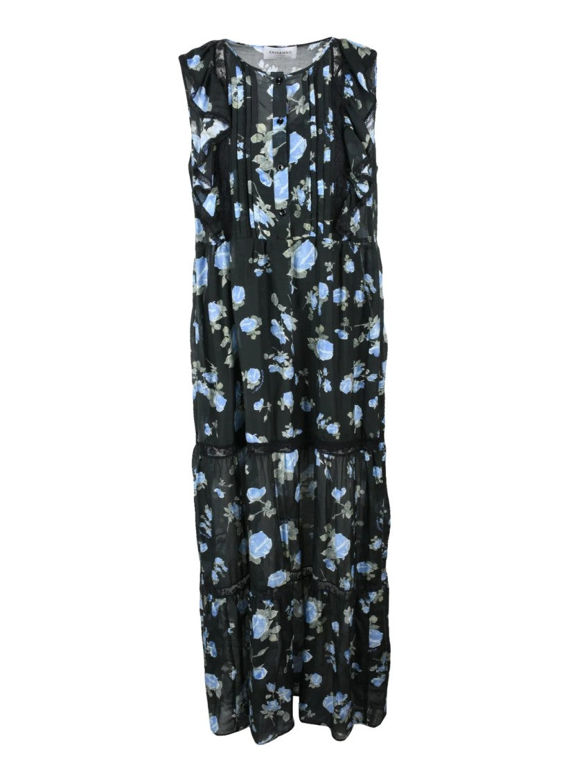 Ermanno Firenze Long Gauzed Dress - Black/Blue