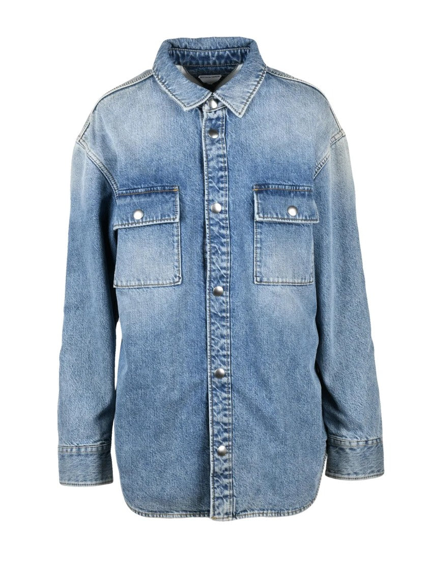 Bottega Veneta Light Blue Straight Fit Snap Button Cotton Denim Shirt