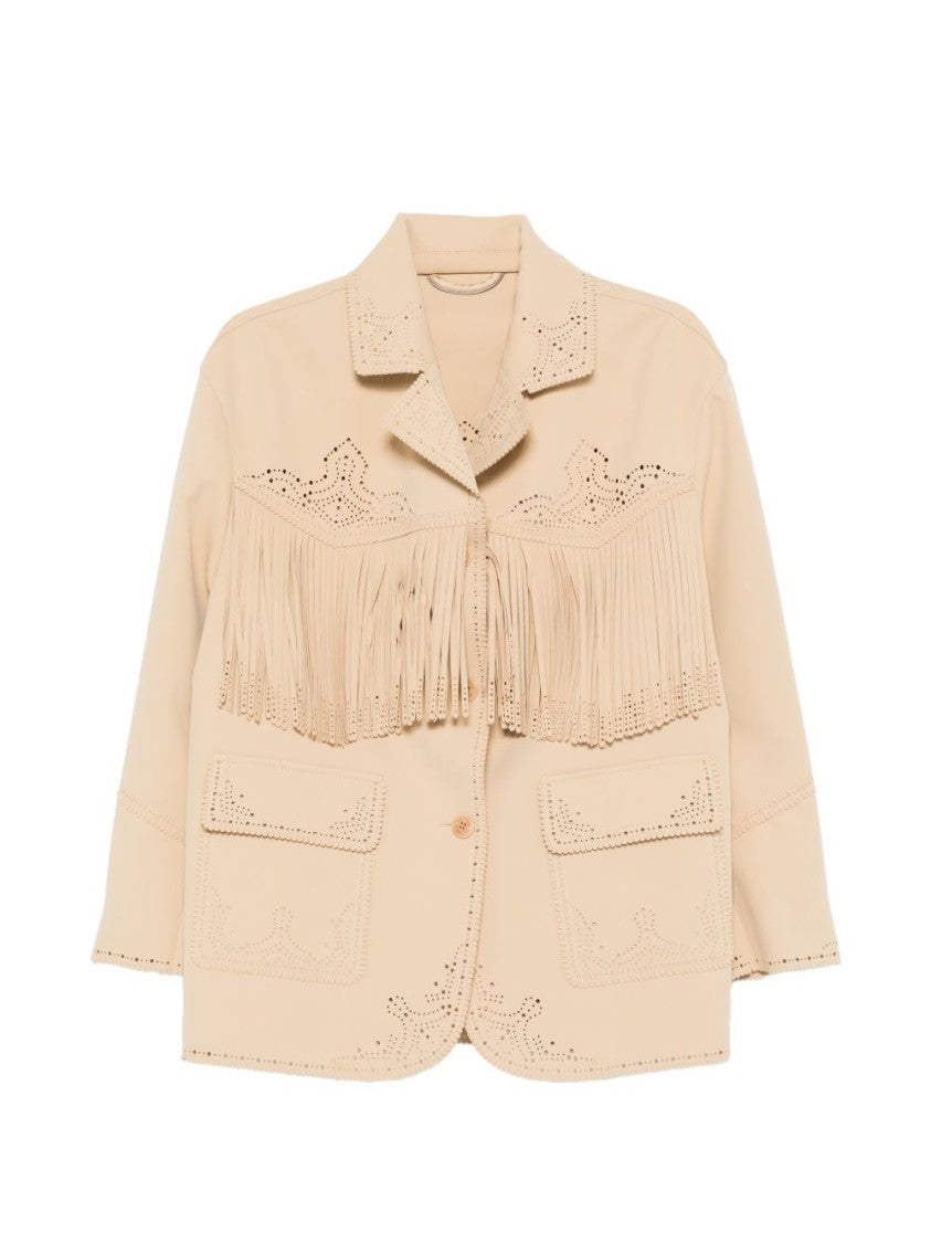 Ermanno Scervino Beige Relaxed-Fit Jacket With Decorative Fringe And Perforated Detailing