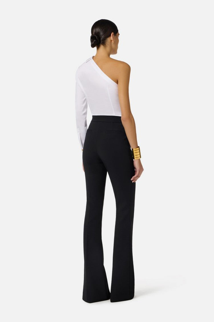 Elisabetta Franchi Black High-Waist Gold Logo Charm Polyester-Blend Flared Pants
