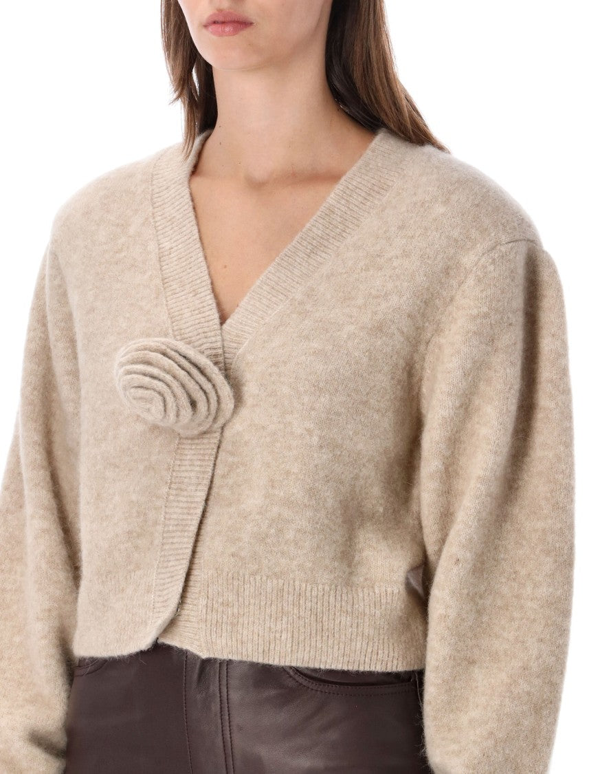 Rotate Fuzzy Textured Flower Closure Cropped Cardigan