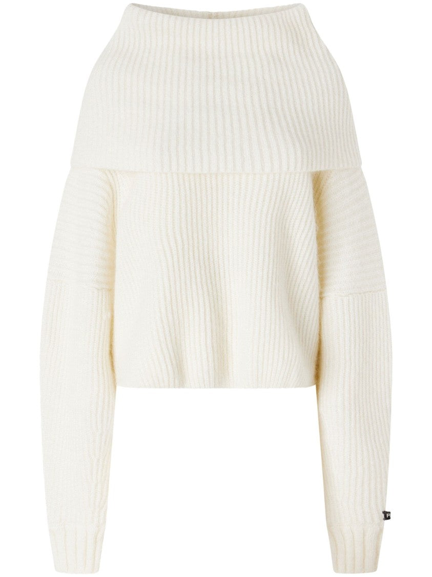 Pinko Cropped Off-The-Shoulder Knitted Sweater With Ribbed Texture