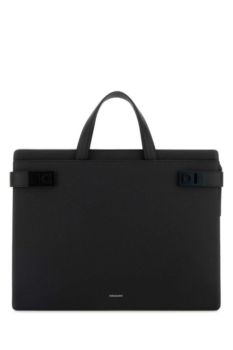 Salvatore Ferragamo Black Leather Twins Briefcase