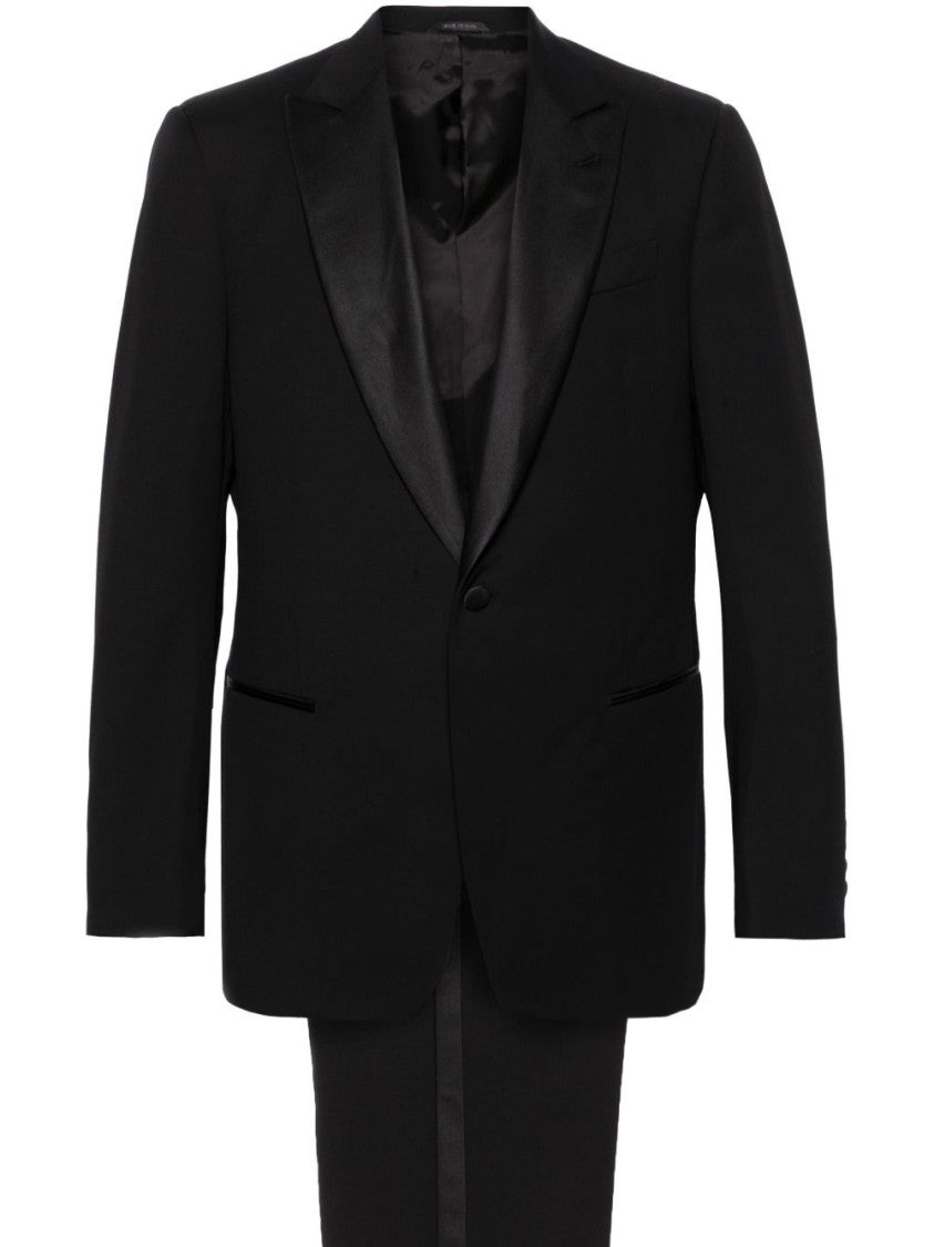 Giorgio Armani Black Satin Peak Lapel Wool Suit