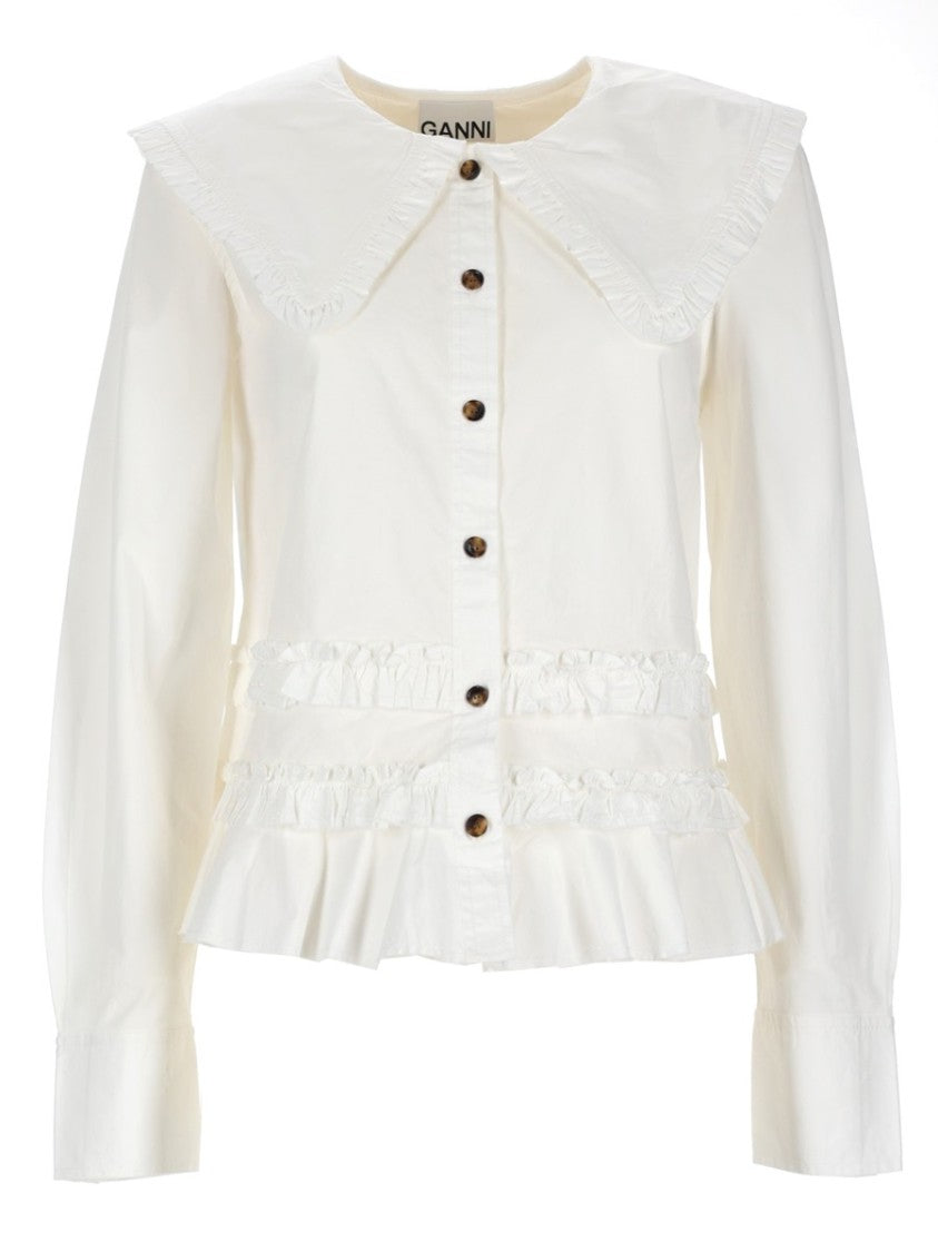Ganni Neutrals Oversized Ruffled Collar Cotton-Blend Shirt