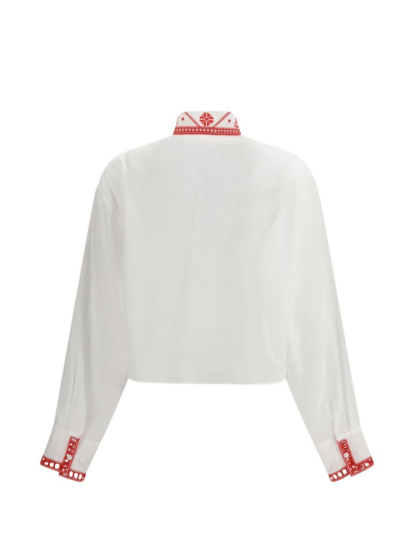 Ermanno Scervino Cropped Shirt With Classic Collar And Intricate Red Embroidery