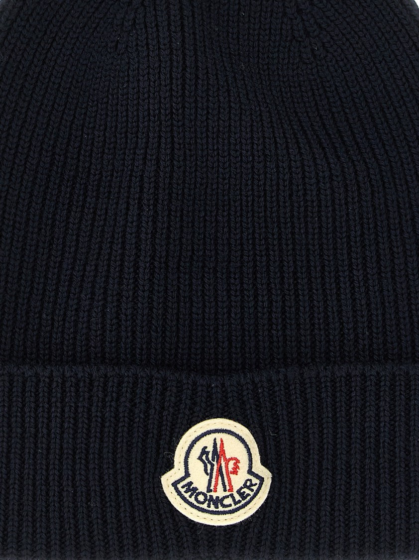 Moncler Ribbed Knit Virgin Wool Beanie With Embroidered Logo Patch