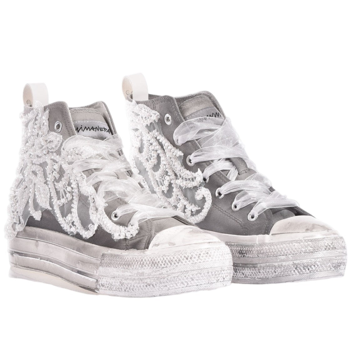 Mimanera Grey Princess Handcrafted Pearl Platform Sneakers