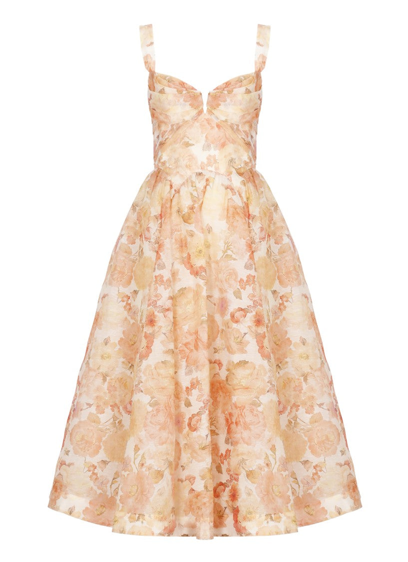 Zimmermann Rebllion Drape Midi Dress With Flared Skirt And Floral Design