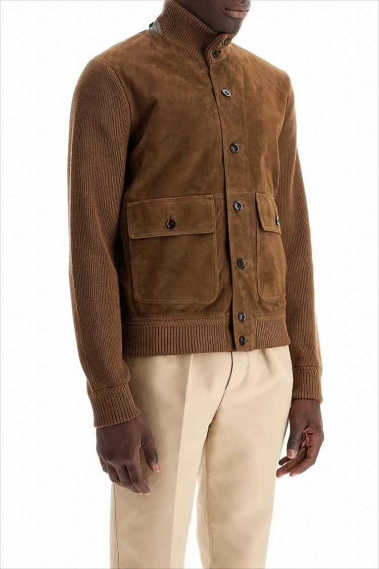Tom Ford Brown Lamb Leather And Wool Jacket With Ribbed Sleeves