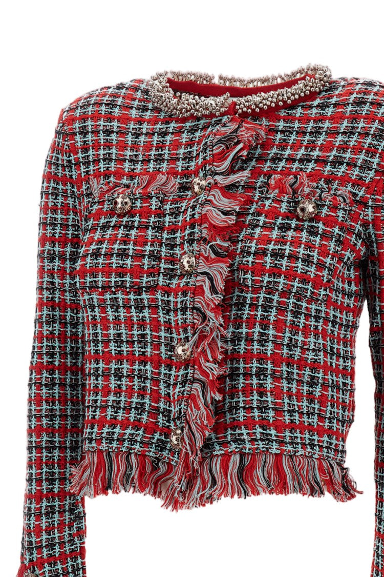 Self-Portrait Frayed Red Check Knit Jacket With Bead Embellishment