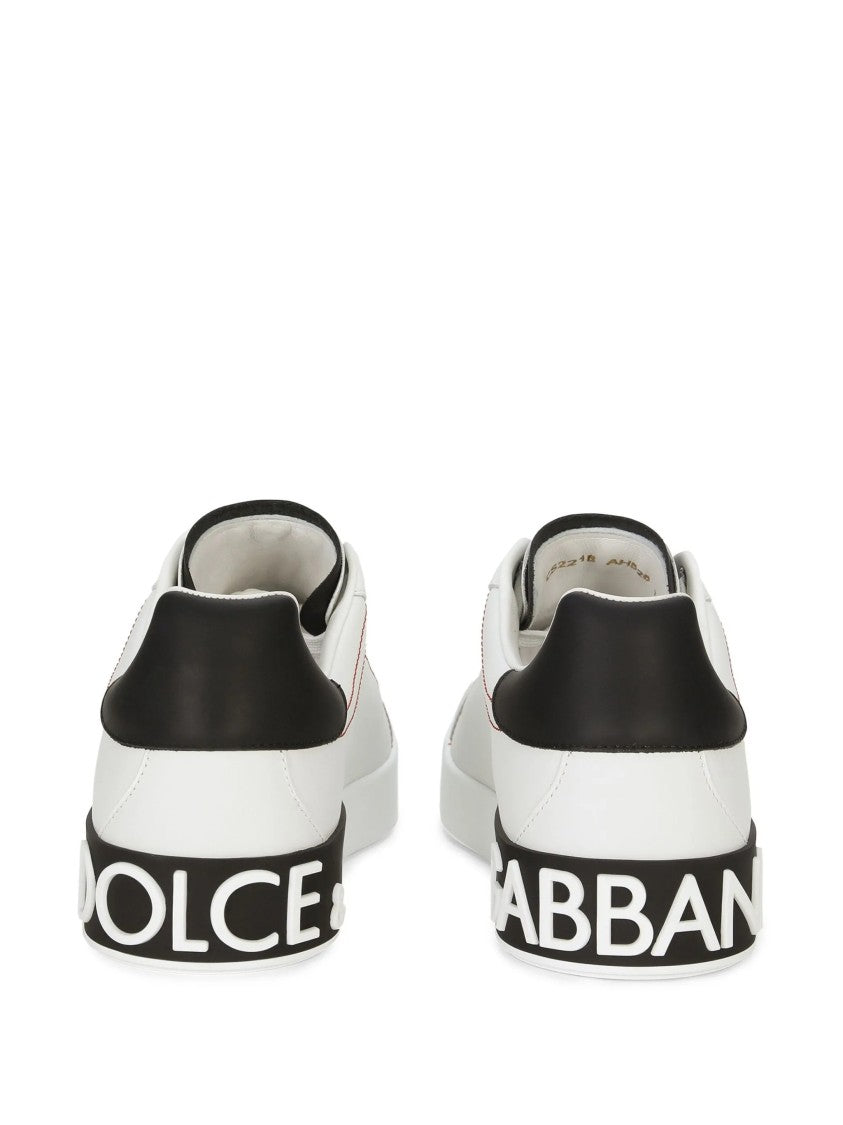 Dolce & Gabbana White Low-Top Red Stitching Leather Sneakers