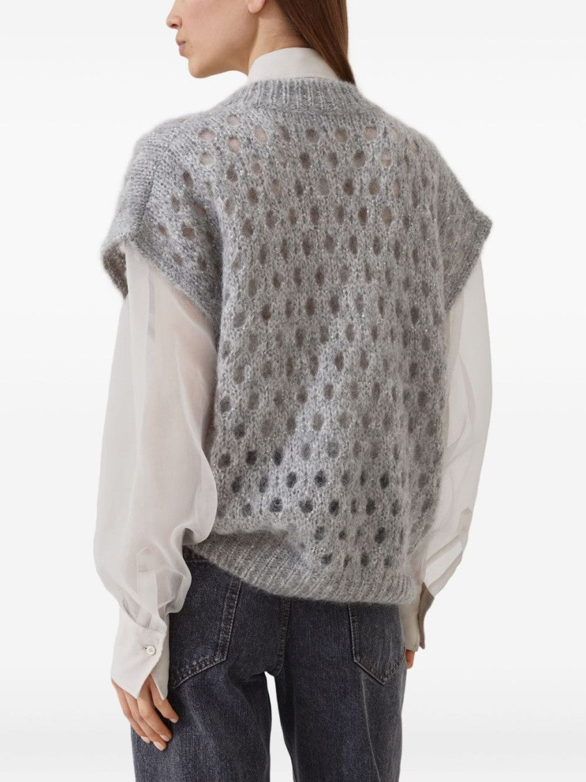 Brunello Cucinelli Open-Knit Short Sleeve Sweater With V-Neckline