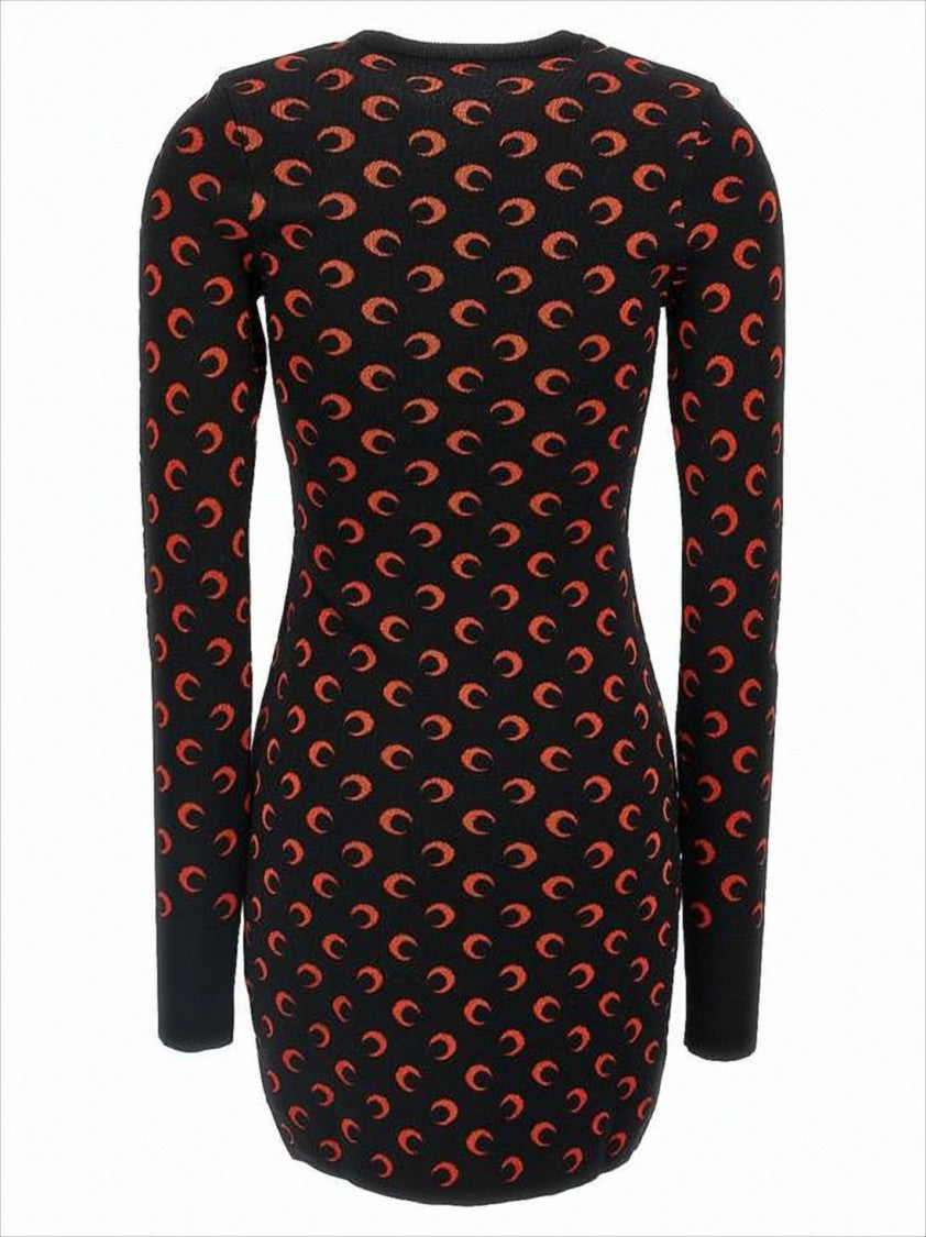 Marine Serre Fitted Black Mini Dress With Long Sleeves And Crescent Pattern