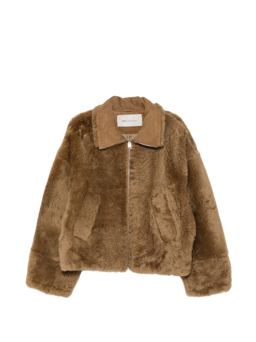 Ami Paris Plush Boxy Cropped Suede-Collar Jacket