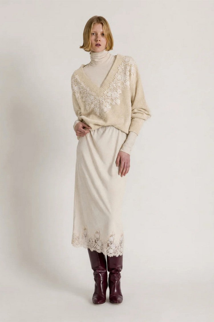 Alberta Ferretti Ivory Crochet Floral Trim V-Neck Cashmere-Blend Sweater