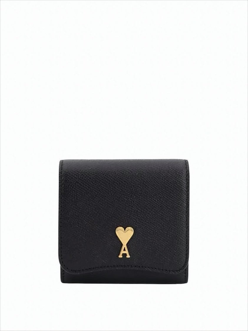 Ami Compact Textured Cowhide Leather Wallet With Gold Emblem