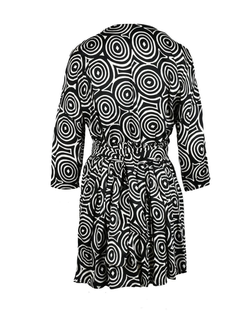 Lvl Level Vibes Level Black/White Patterned Cinched Waist Viscose Mini Dress