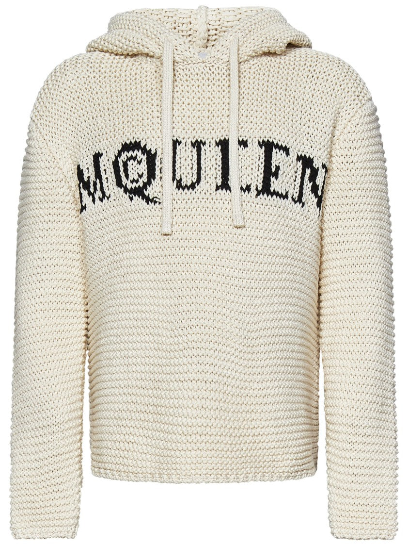 Alexander Mcqueen Textured Cotton Knit Hoodie With Prominent Logo