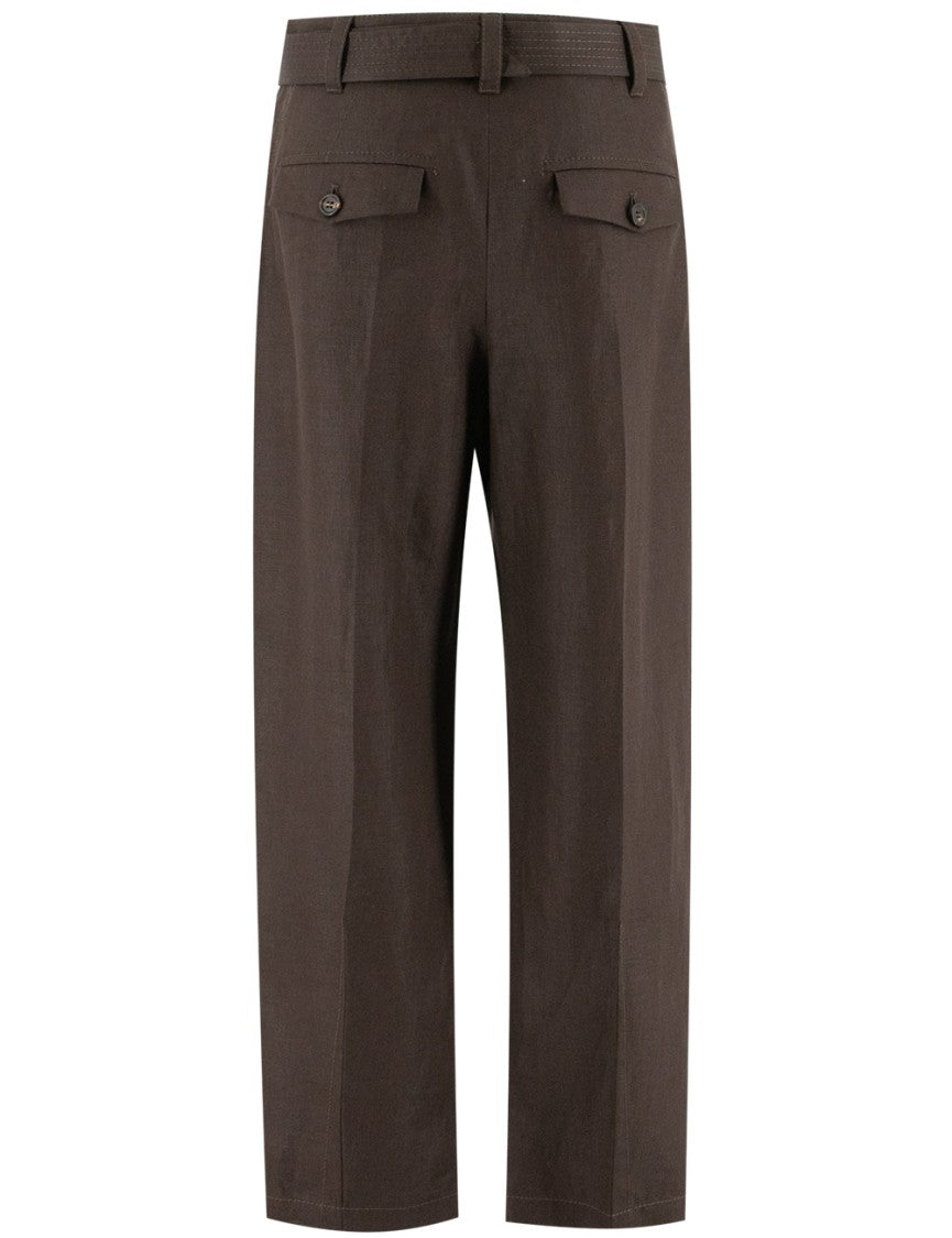 Brunello Cucinelli Dark Chocolate Linen Trousers With Practical Belt