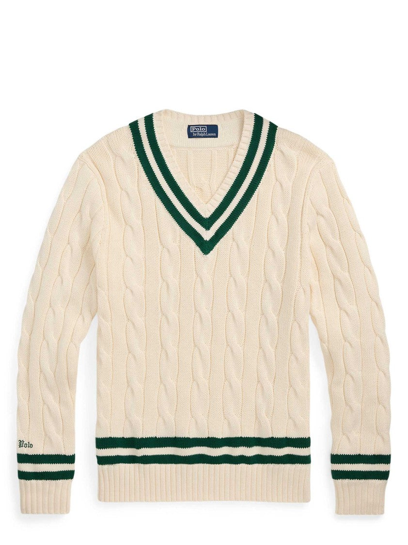 Polo Ralph Lauren Cream Cable Knit Sweater With Contrasting Stripes
