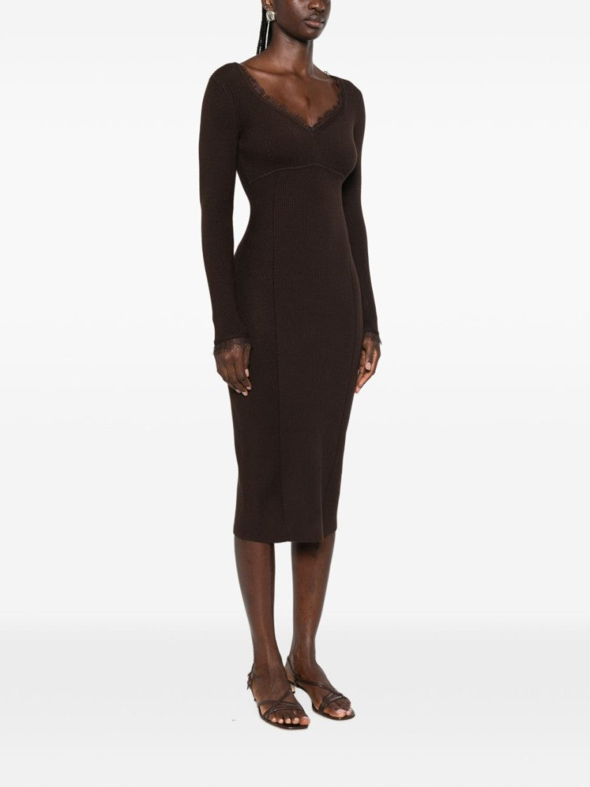 Twin-Set Fitted Lace Trim Ribbed Knit Midi Dress